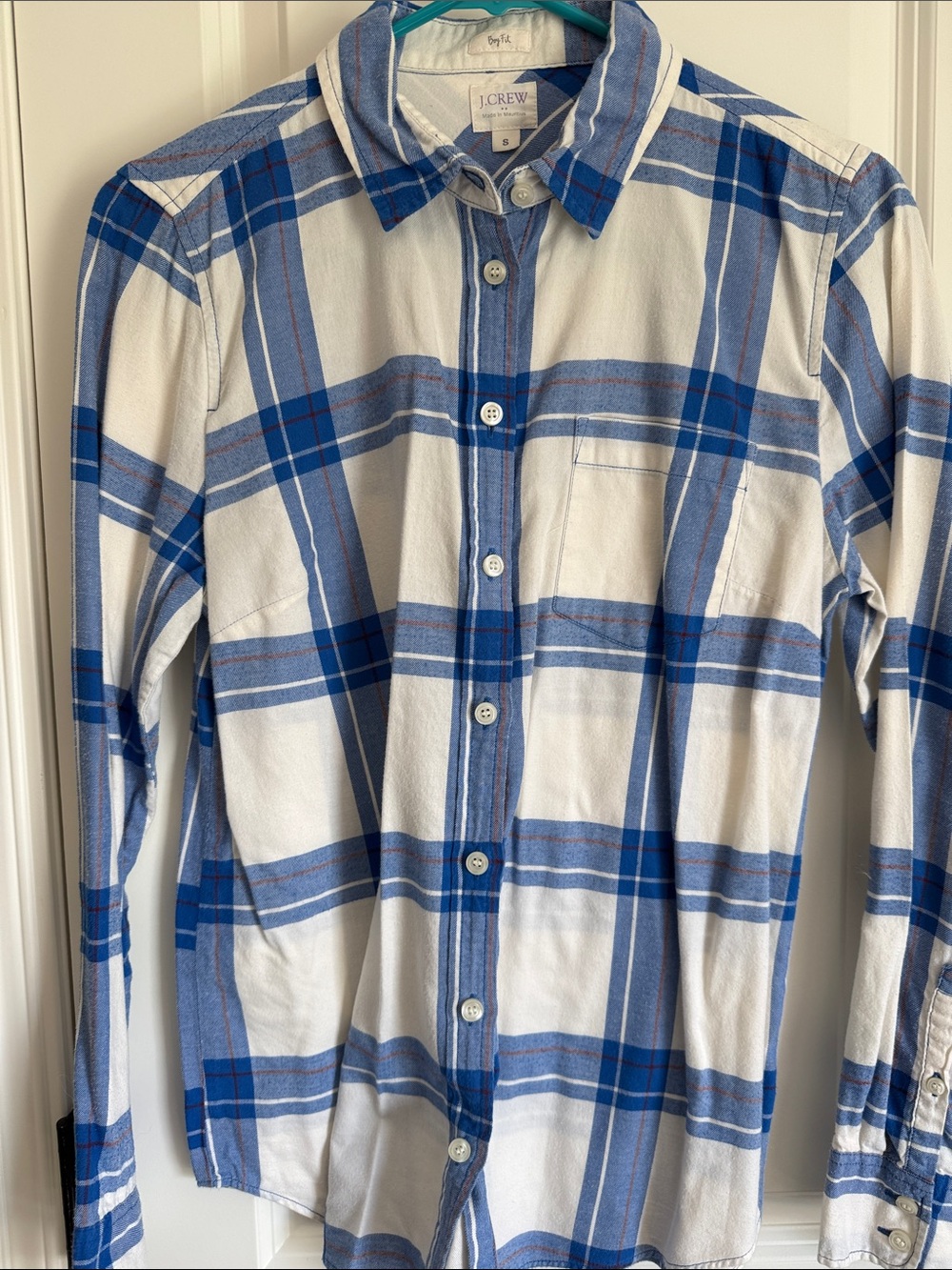 J. Crew White and Blue Plaid flannel Long-Sleeve Button-Down Shirt